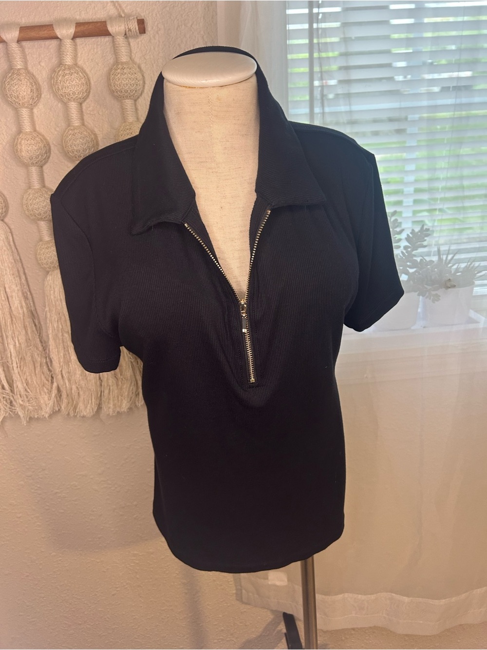 Tahari Black Short-Sleeve Zip Polo Top